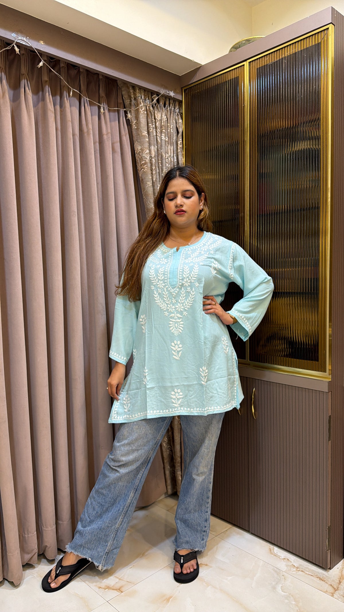 #2014 Baby Blue Pure Rayon Lucknowi Short Top