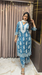 Teal blue Noori Pure modal cut work set