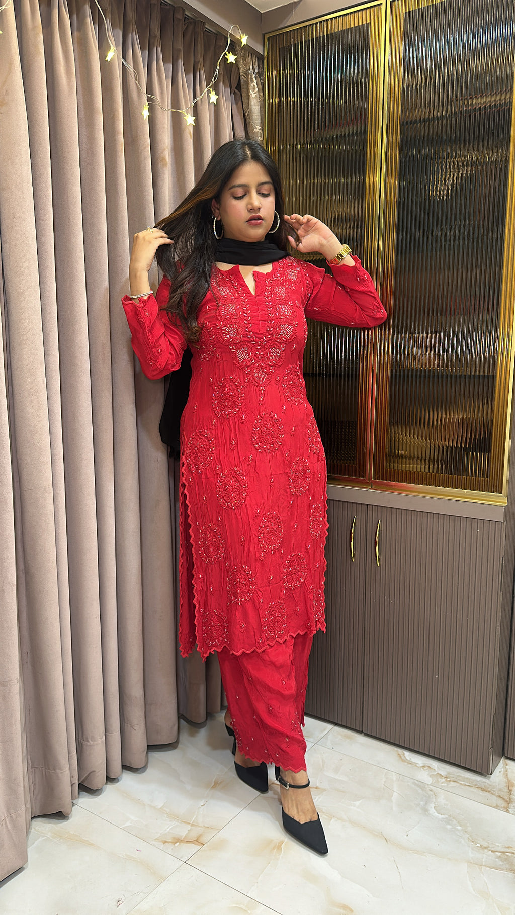Red Jasmin crepe cutwork set with mukesh work