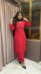 Red Jasmin crepe cutwork set with mukesh work
