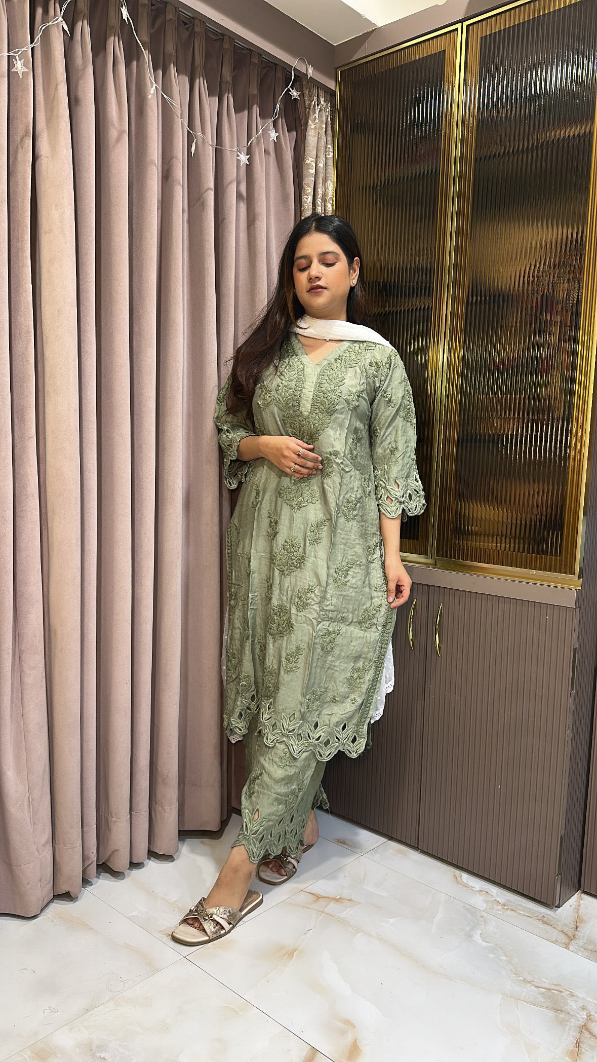 Olive green Safa pure muslin cutwork set