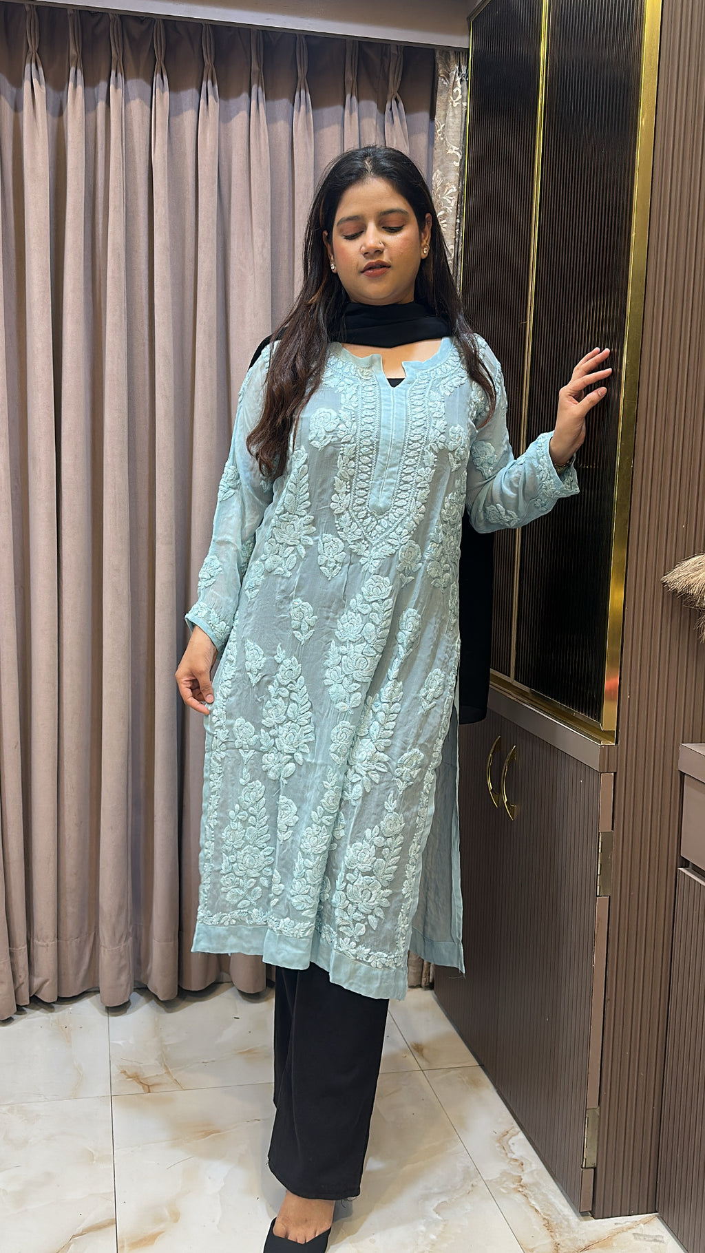 Mint Blue Viscouse salli work kurti