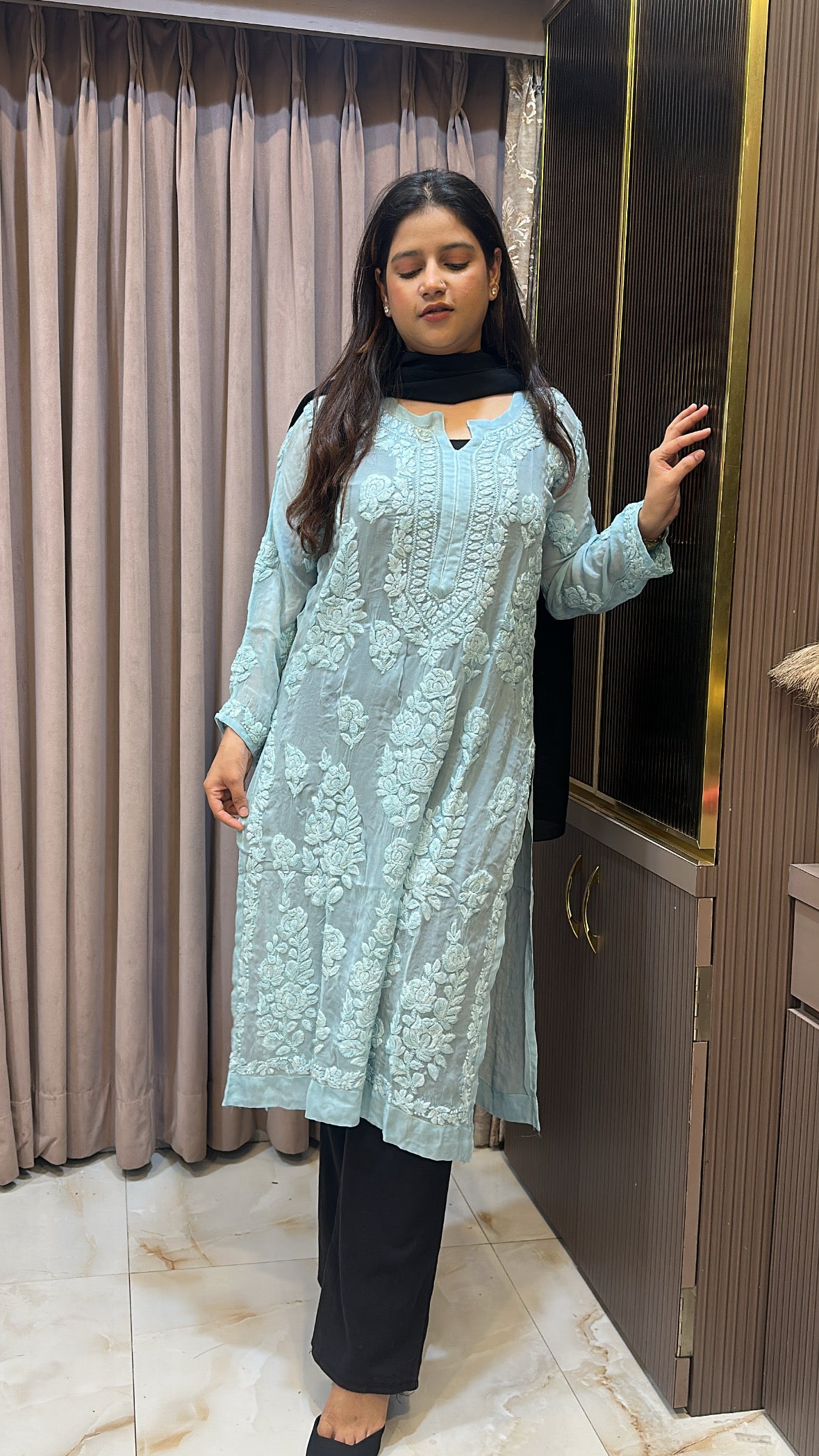 Mint Blue Viscouse salli work kurti
