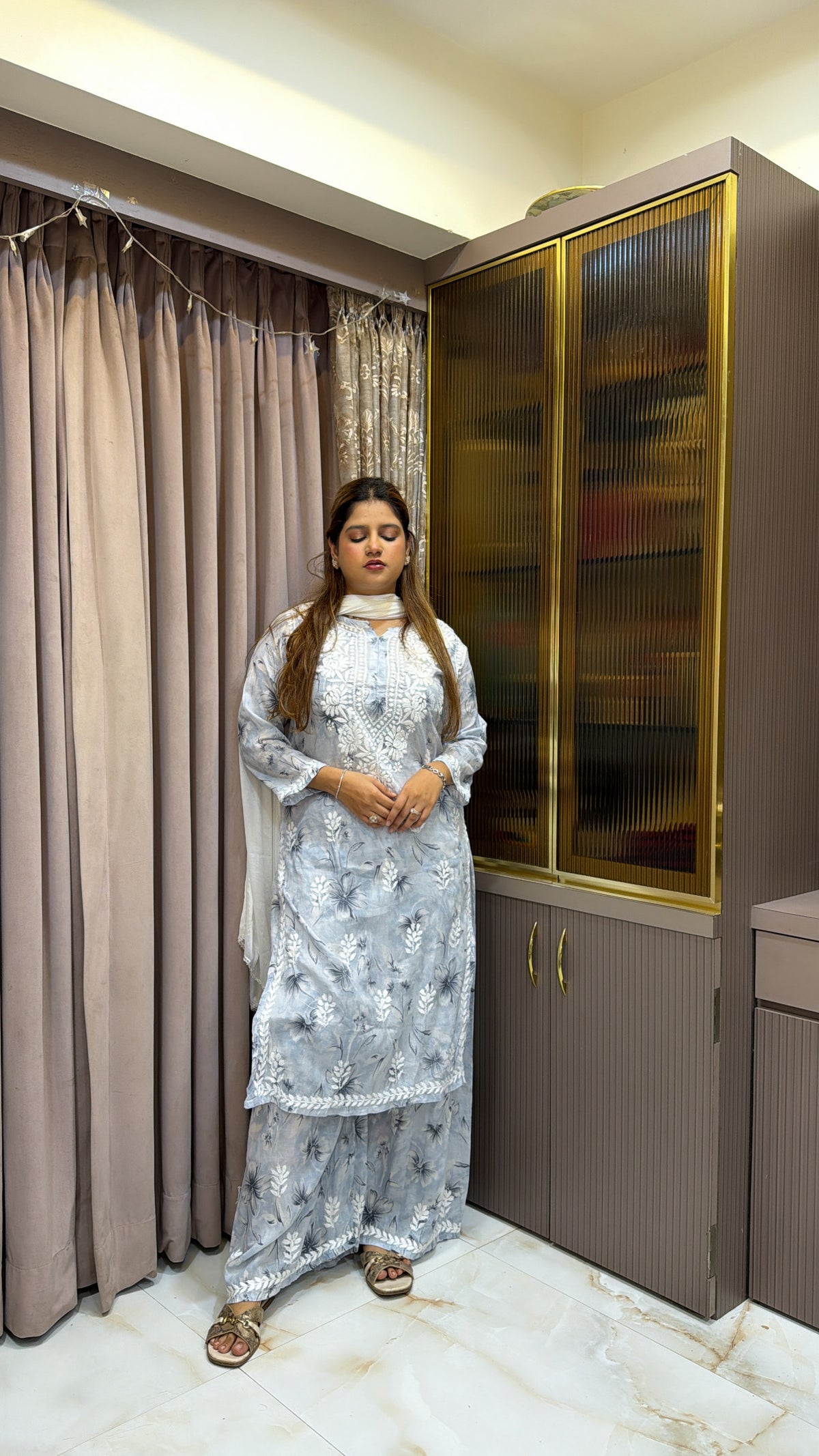 #2010 Grey Mulmul Lucknowi Plazo Suit Set | Authentic Hand Embroidery