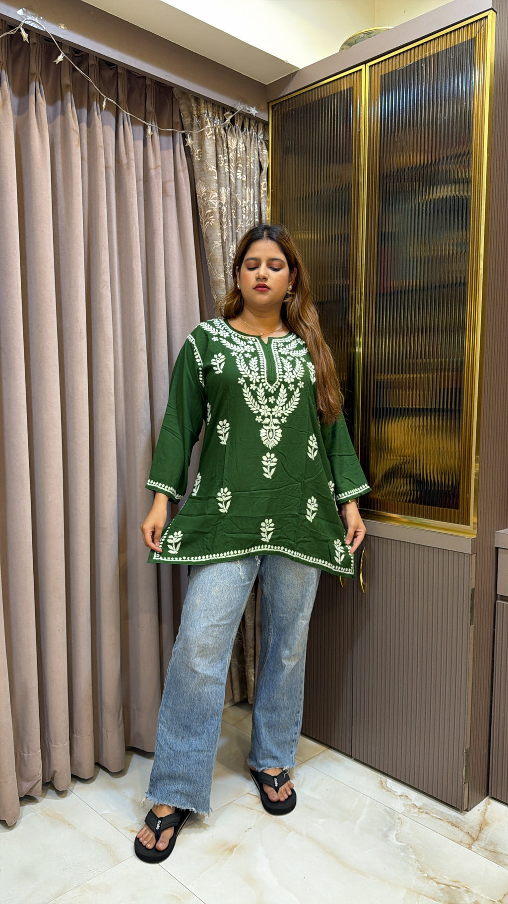 #2014 Olive Green Pure Rayon Lucknowi Short Top