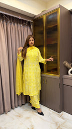Yellow Pure crepe jasmin 2.0 mukesh work set