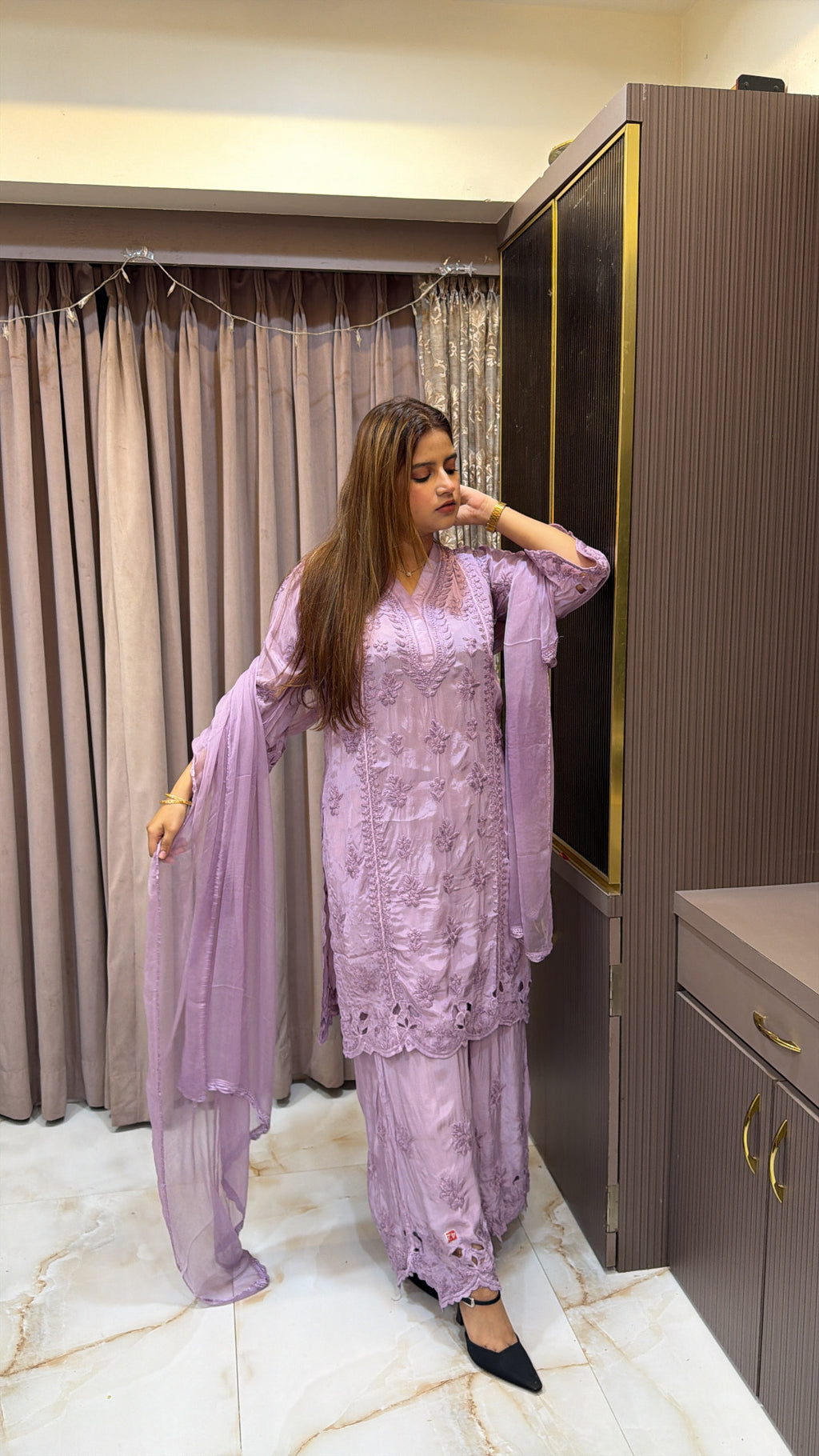 #2016 Lilac Pure Crepe Cutwork Lucknowi Co Ord Plazo Set