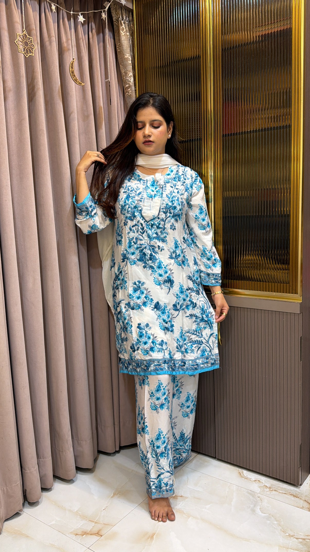 Blue pink Poly Crepe Printed Co ord Set
