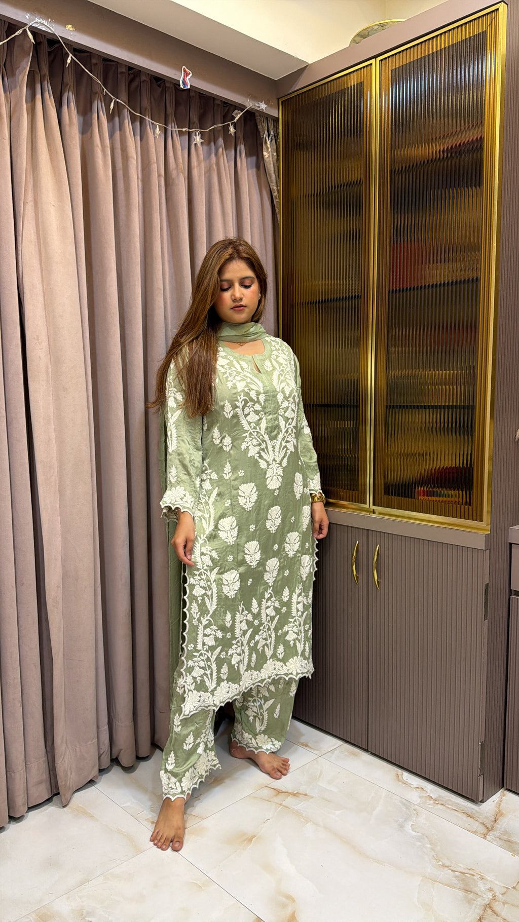 Green Pure modal satin lucknowi plazo set