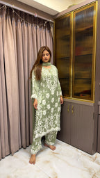 Green Pure modal satin lucknowi plazo set