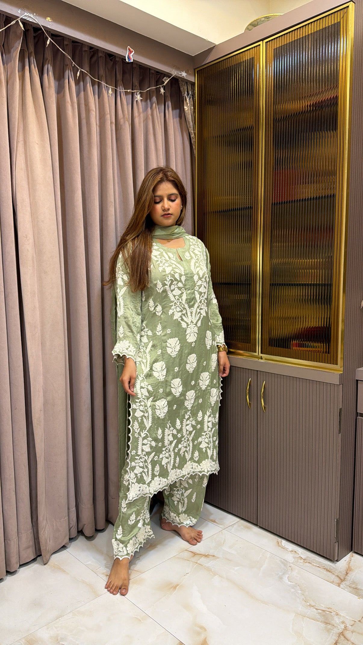 Green Pure modal satin lucknowi plazo set