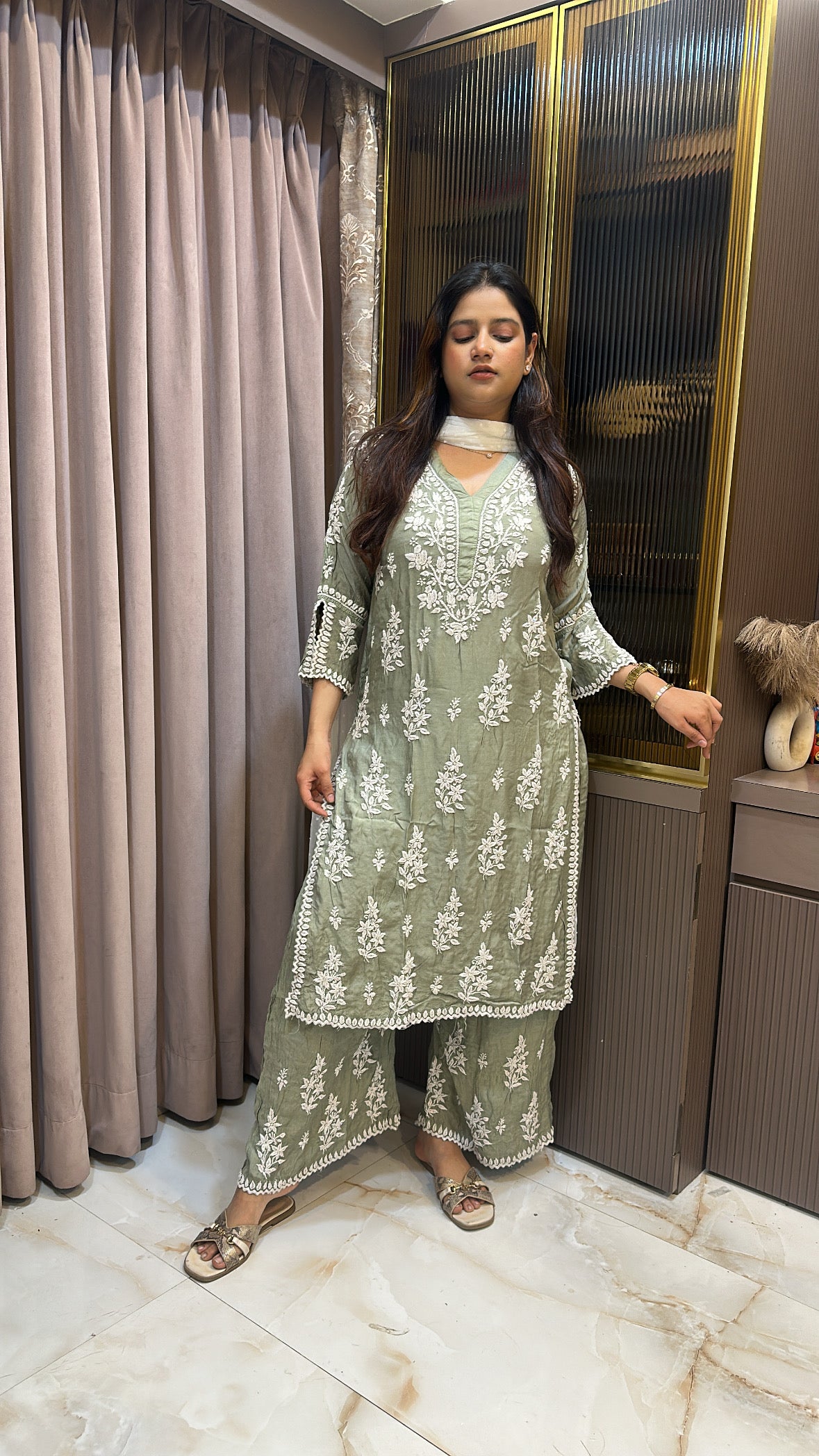 Green Pure muslin Cutdana Cutwork set