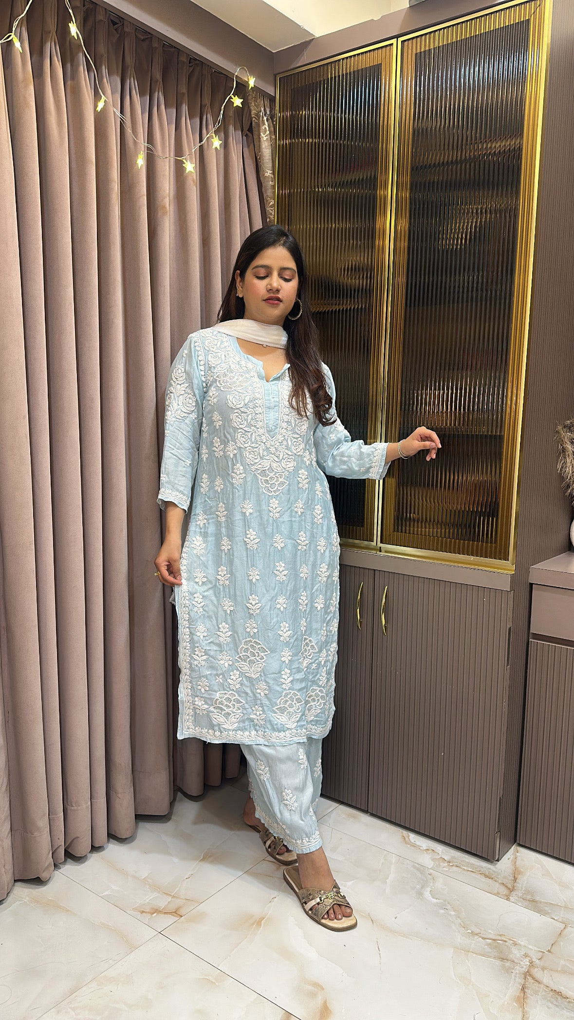 Baby blue Pure muslin mukesh work set