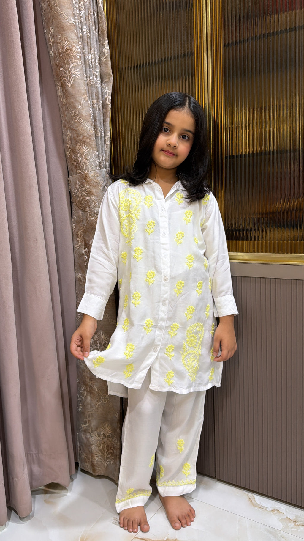 #2020 Yellow Kids Rayon White with Coloured Co-Ord Set