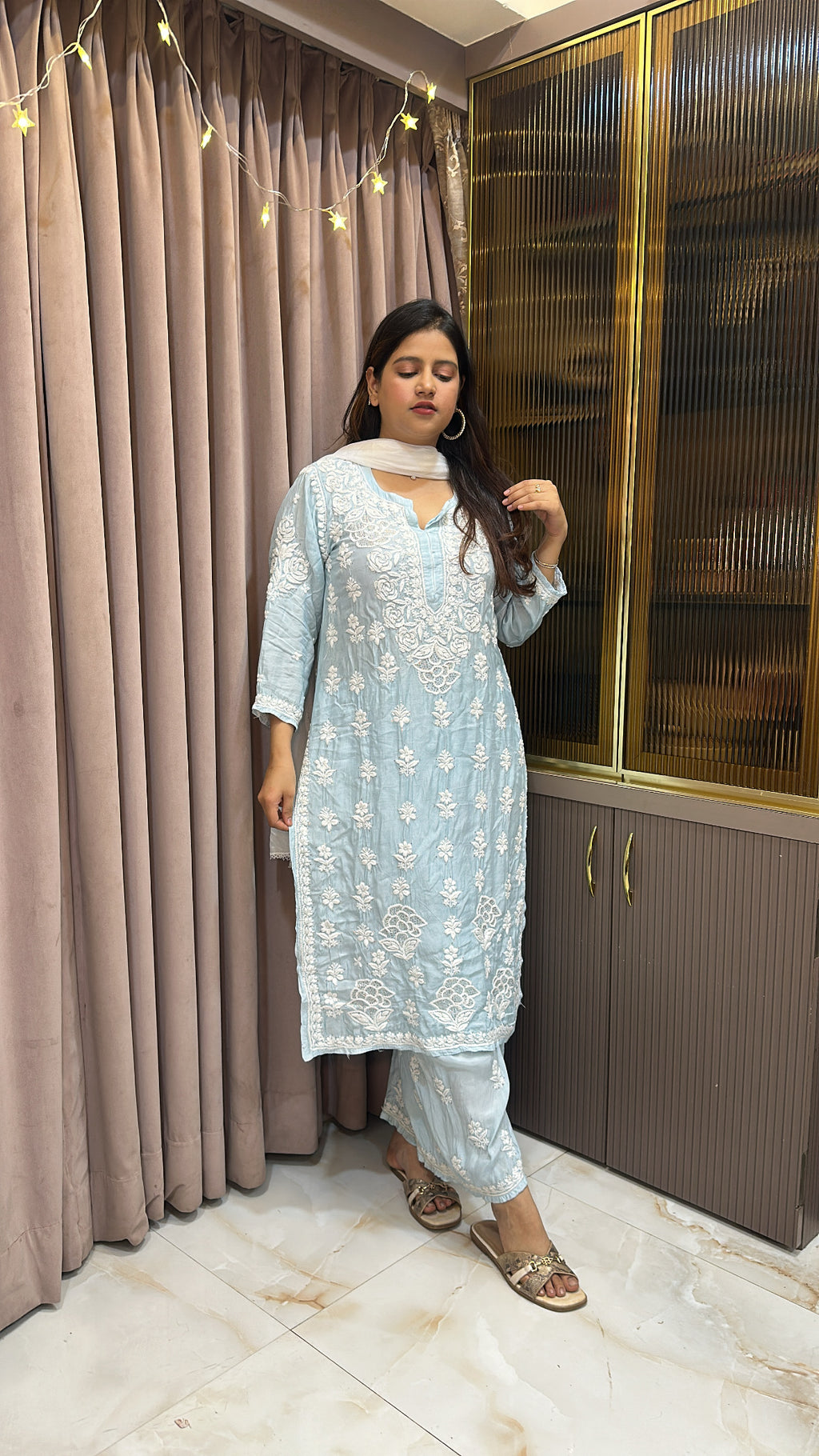Baby blue Pure muslin mukesh work set