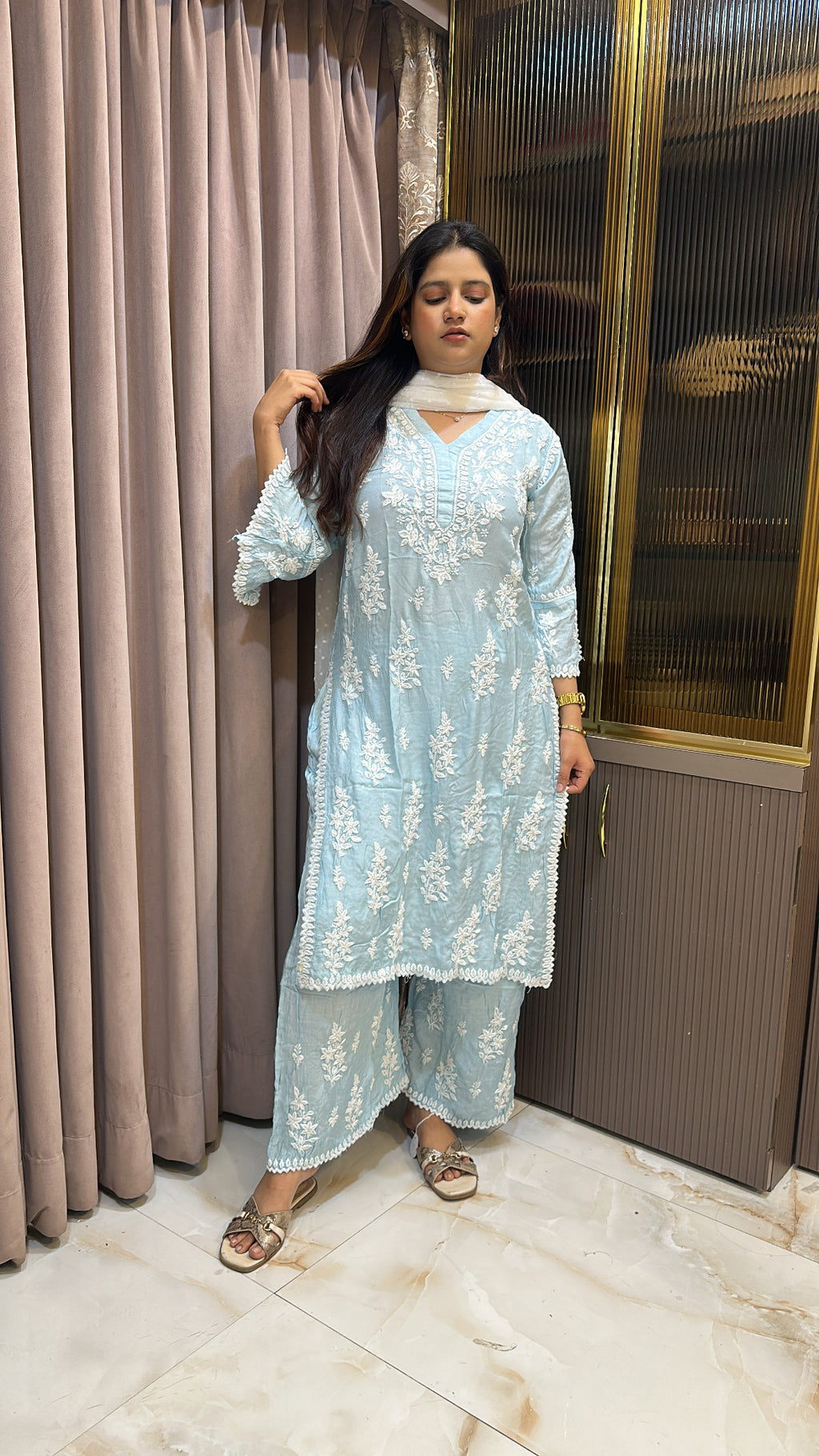 Iceblue Pure muslin Cutdana Cutwork set