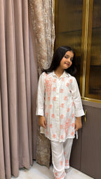 #2020 Peach Kids Rayon White with Coloured Co-Ord Set