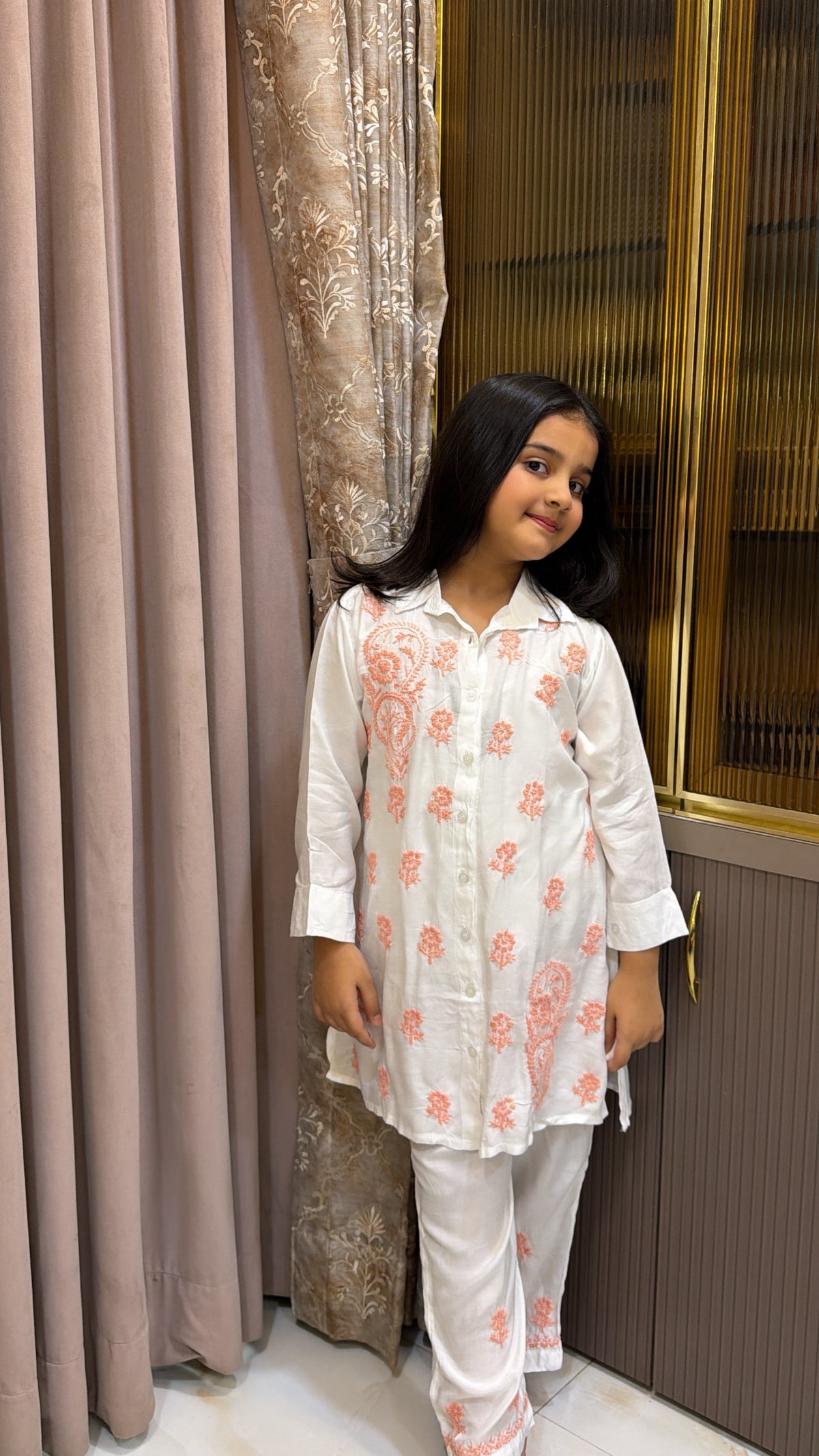 #2020 Peach Kids Rayon White with Coloured Co-Ord Set