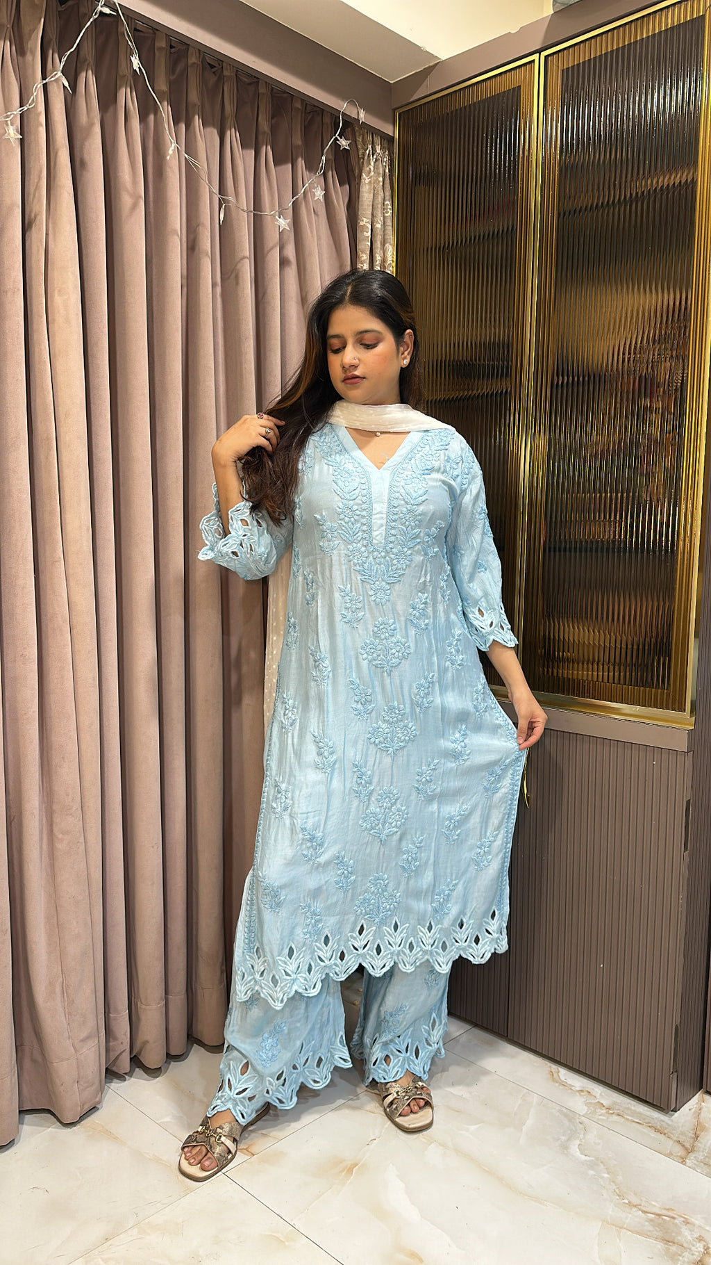 Ice blue Safa pure muslin cutwork set