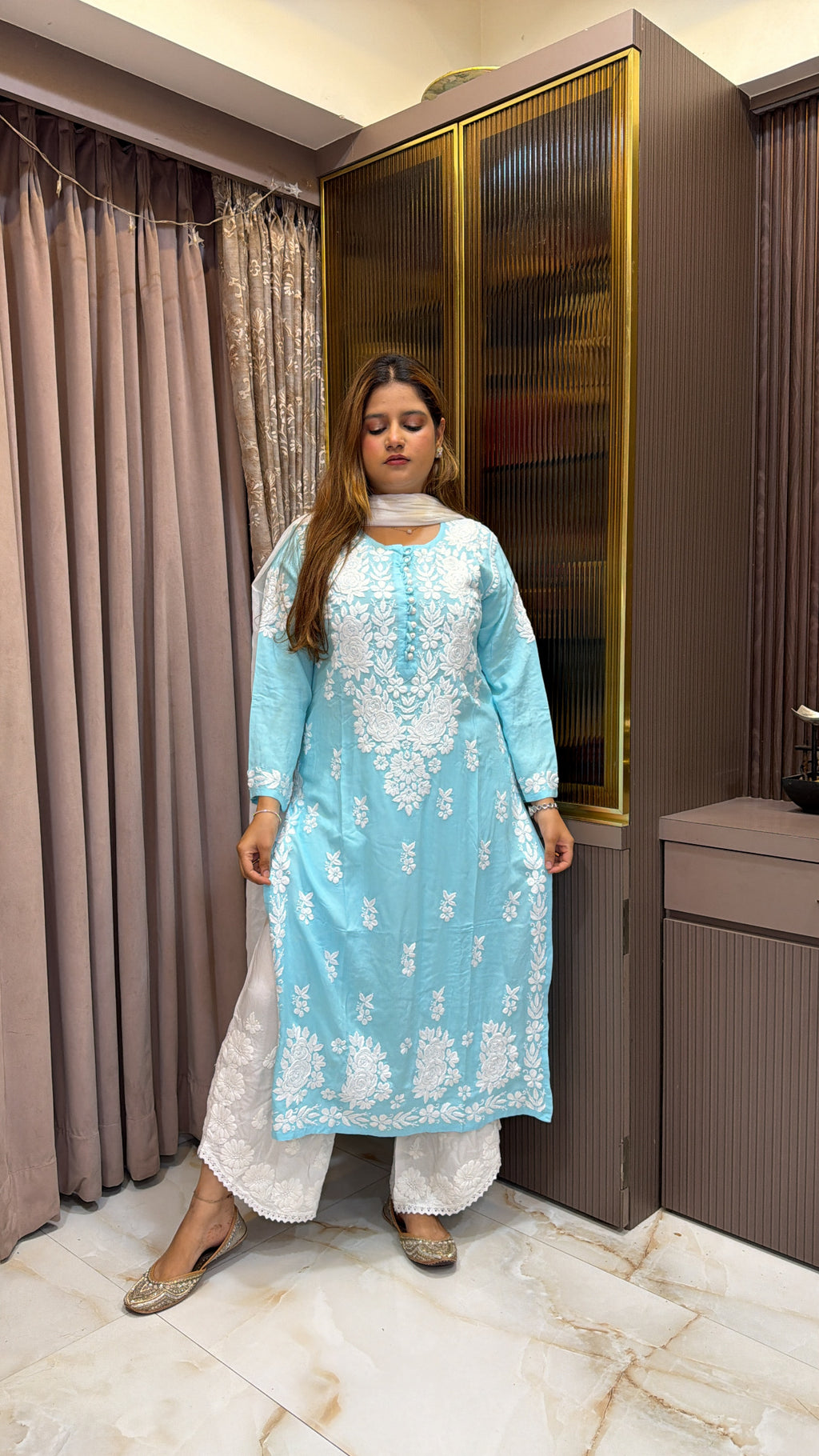 #2009 Light Blue Rayon Lucknowi Kurti | Classic Handwork