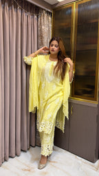 #2017 Lime Yellow Muslin Cutwork Three Piece Plazo Set