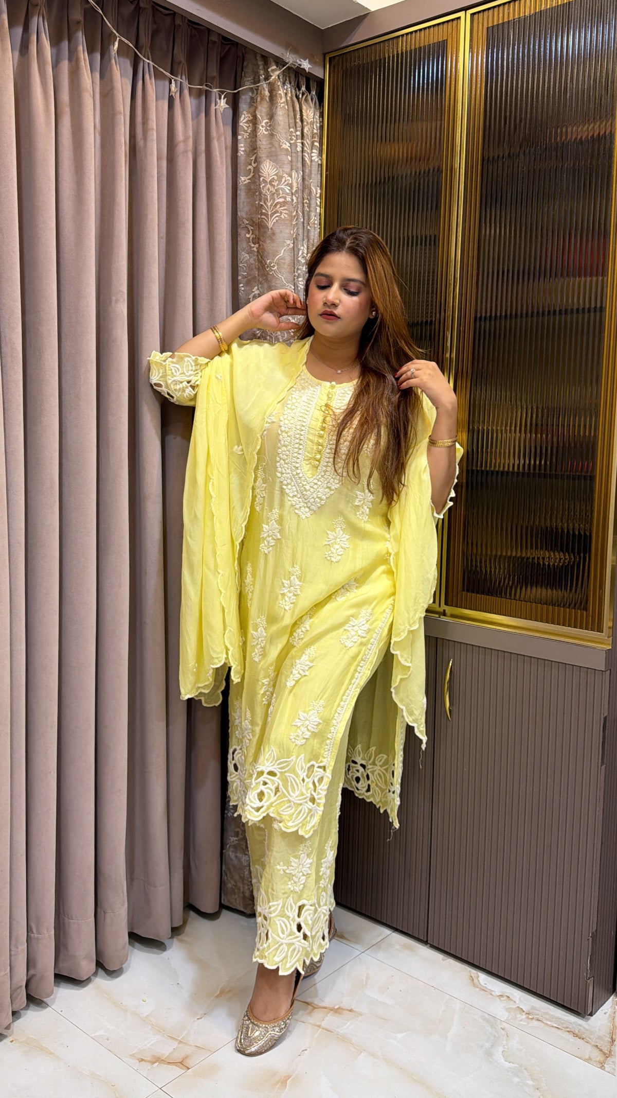 #2017 Lime Yellow Muslin Cutwork Three Piece Plazo Set