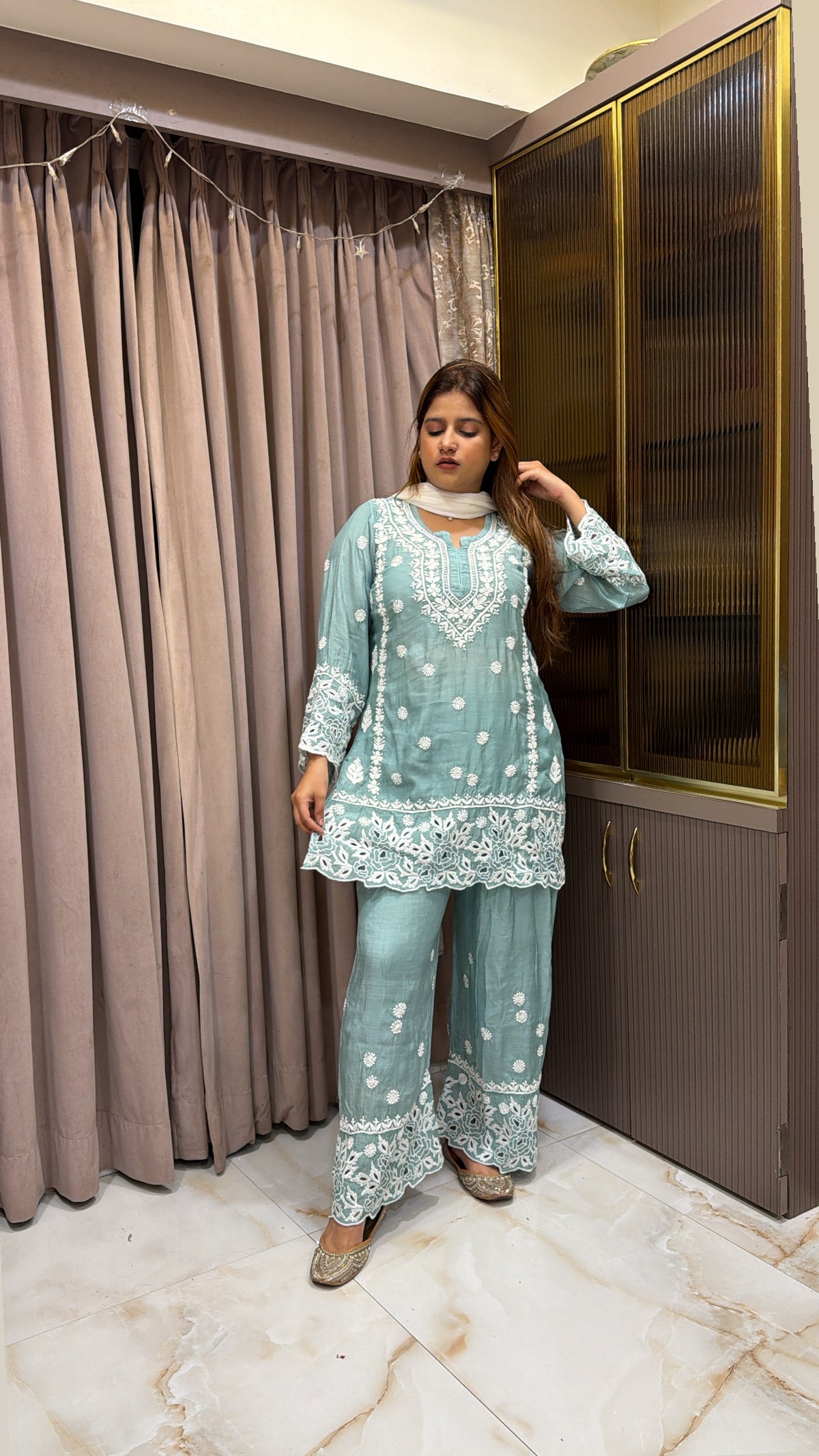 #2022 Seagreen Muslin Lucknowi Cutwork Co-Ord Set