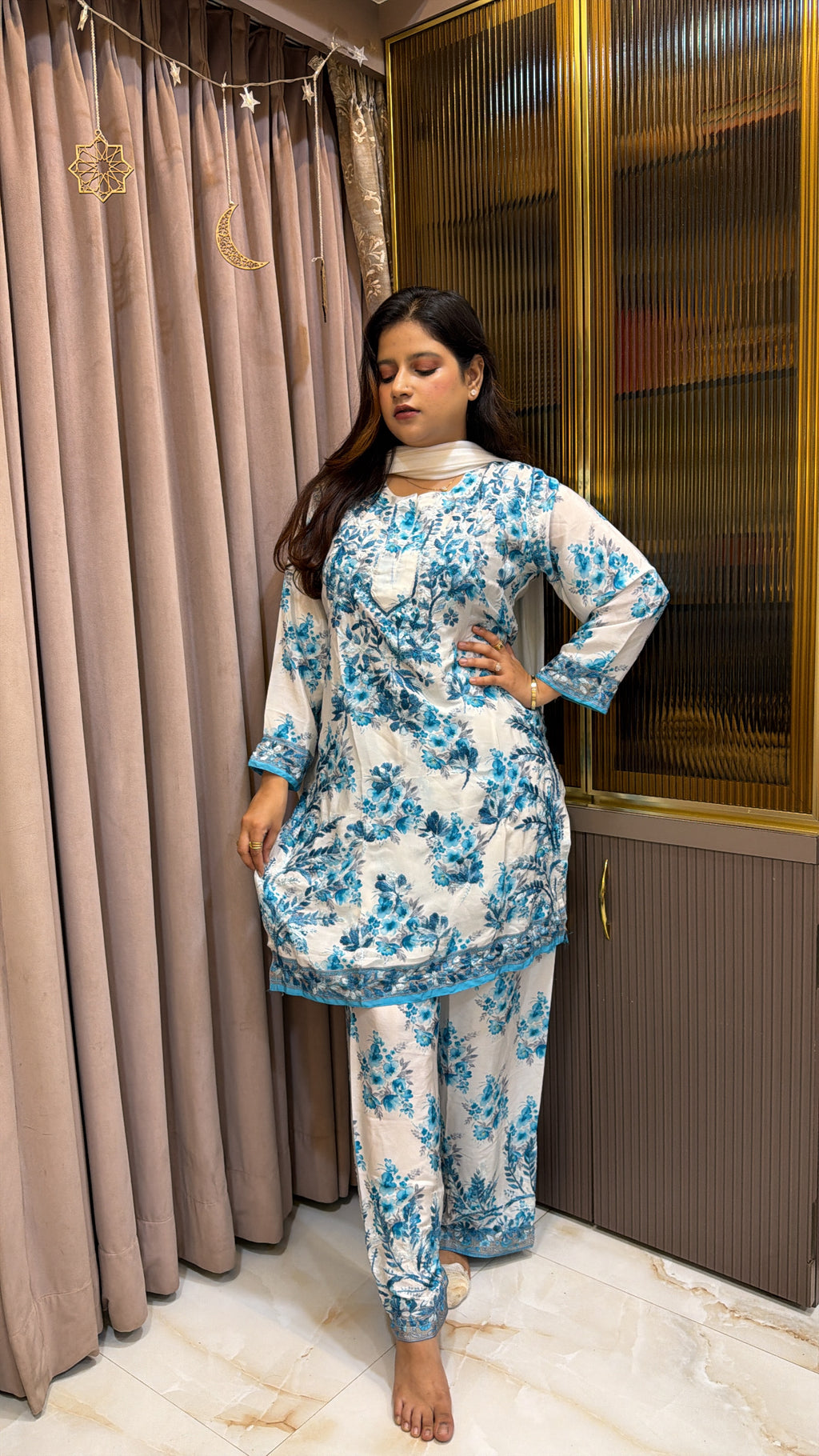 Blue pink Poly Crepe Printed Co ord Set