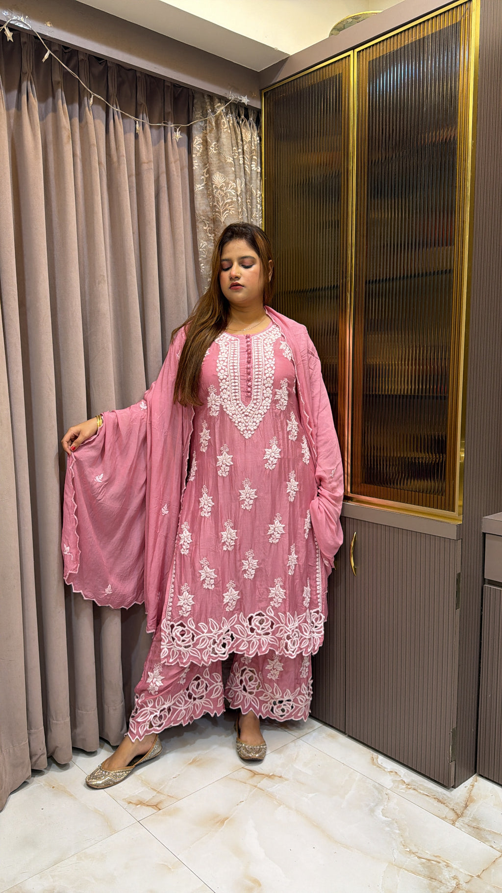 #2017 Blush Muslin Cutwork Three Piece Plazo Set