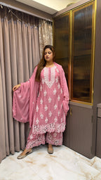 #2017 Blush Muslin Cutwork Three Piece Plazo Set