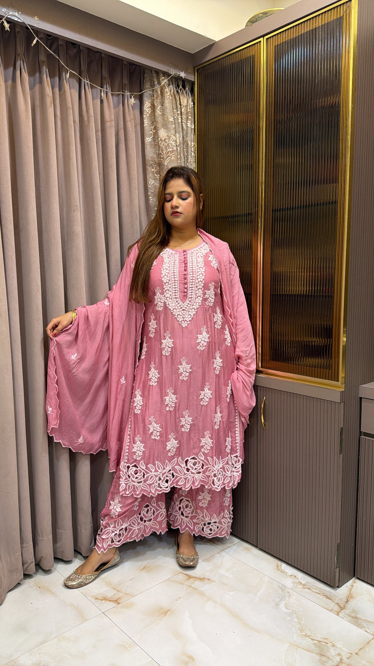 #2017 Blush Muslin Cutwork Three Piece Plazo Set