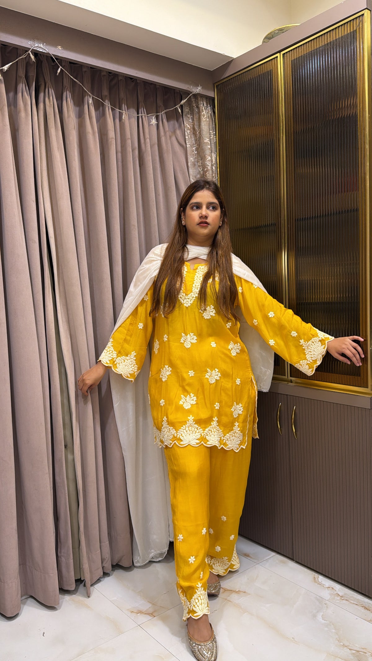 #2021 Mango Yellow Muslin Lucknowi Cutwork Co-Ord Set