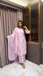 #2017 Pink Muslin Cutwork Three Piece Plazo Set