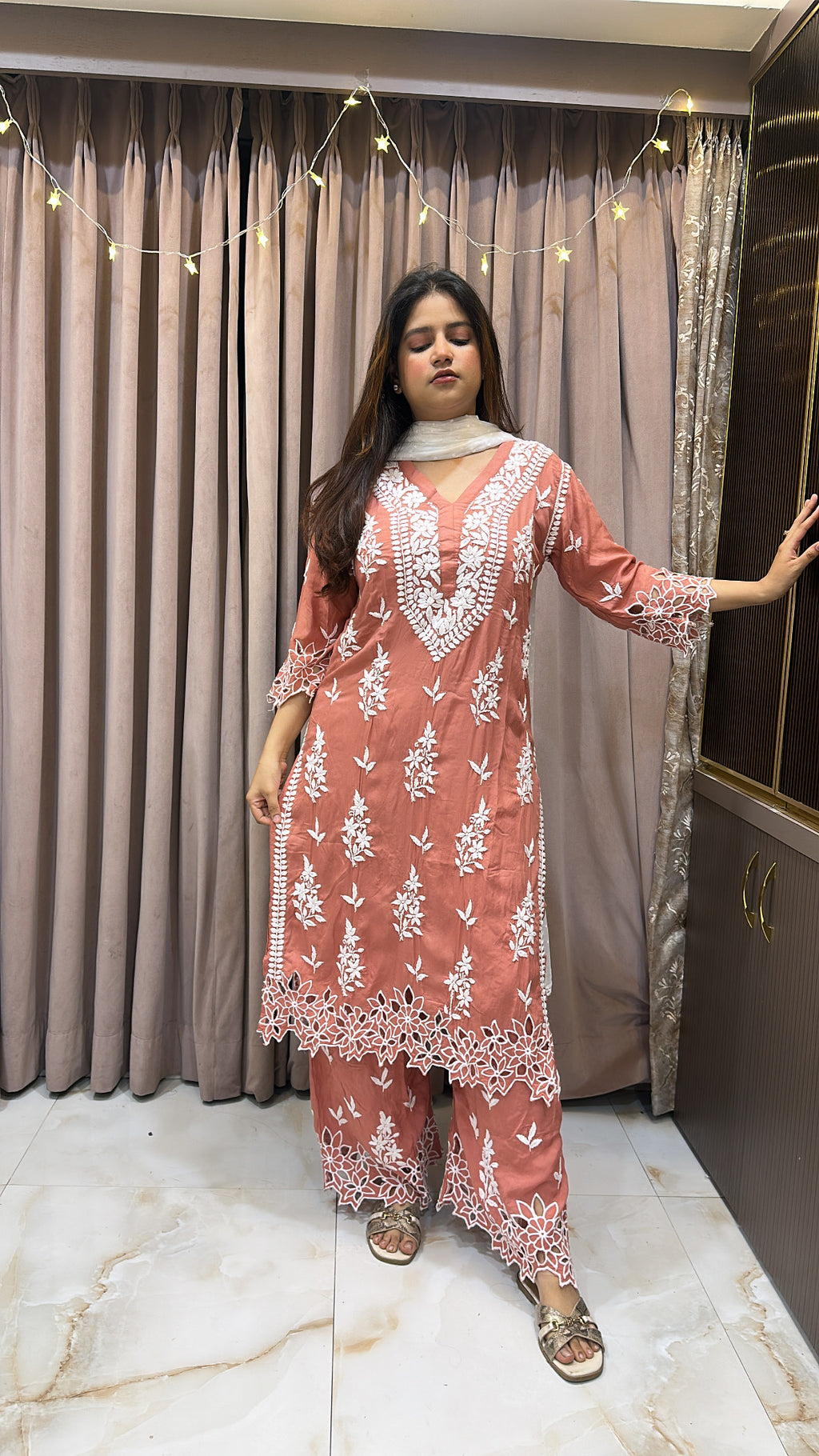 Dark Peach Noori Pure modal cut work set