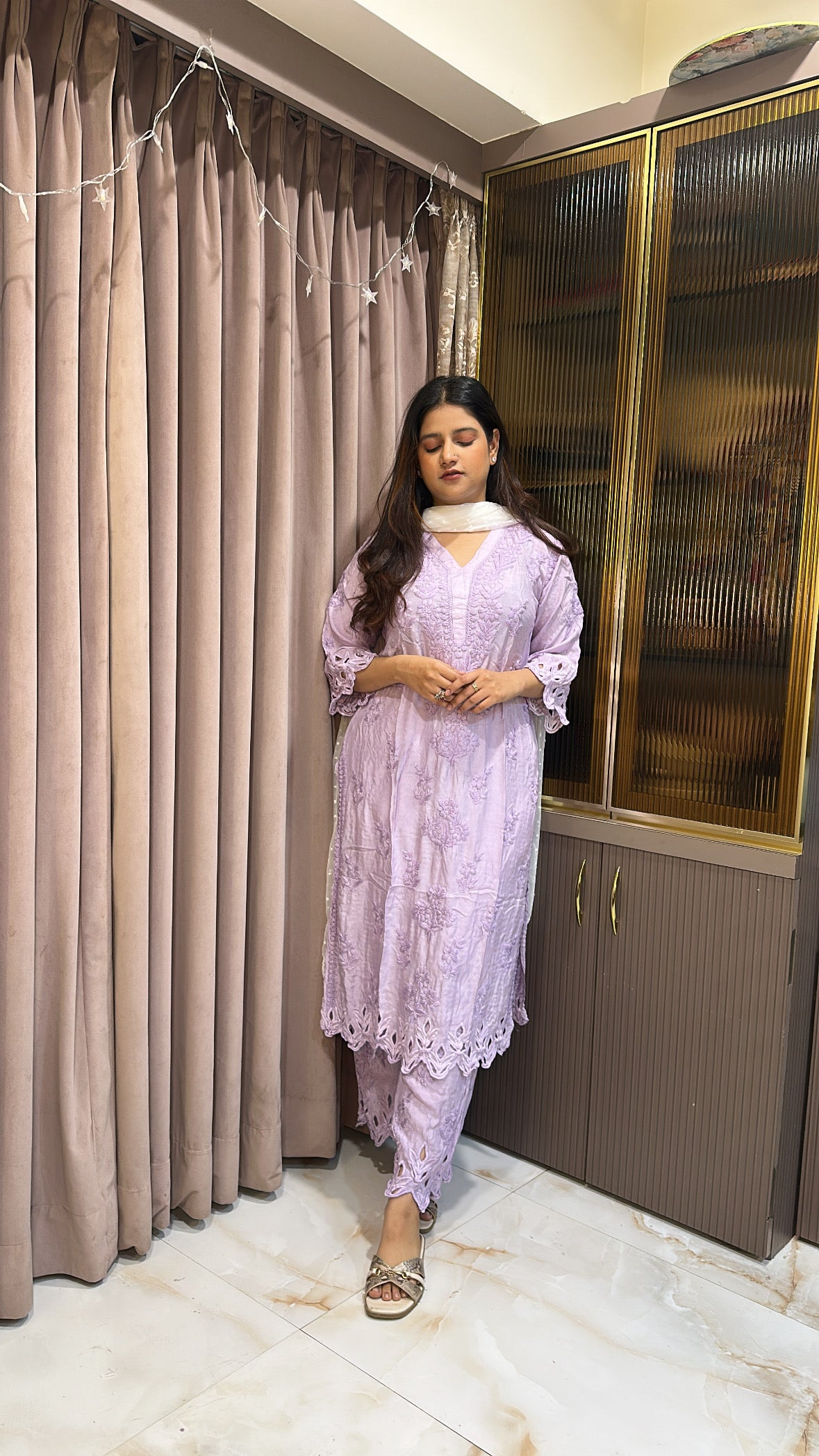 Lilac Safa pure muslin cutwork set