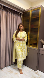 Yellow Pure modal satin lucknowi plazo set