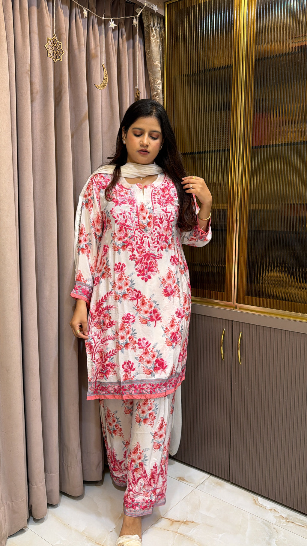 Rose pink Poly Crepe Printed Co ord Set