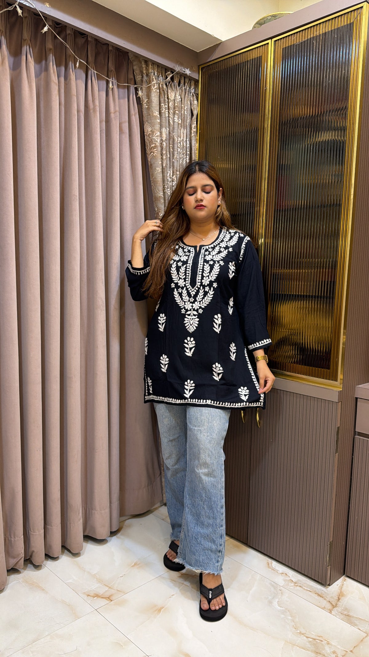 #2014 Black Rayon lucknowi short top