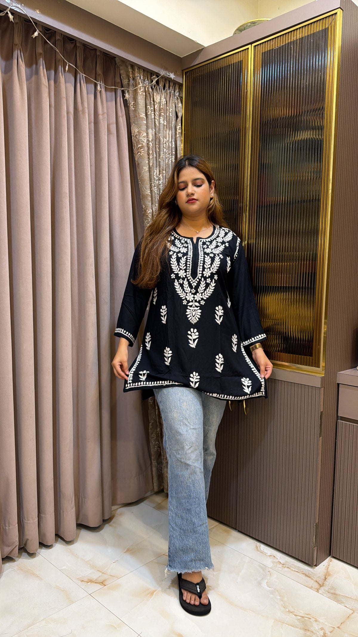 #2014 Black Rayon lucknowi short top
