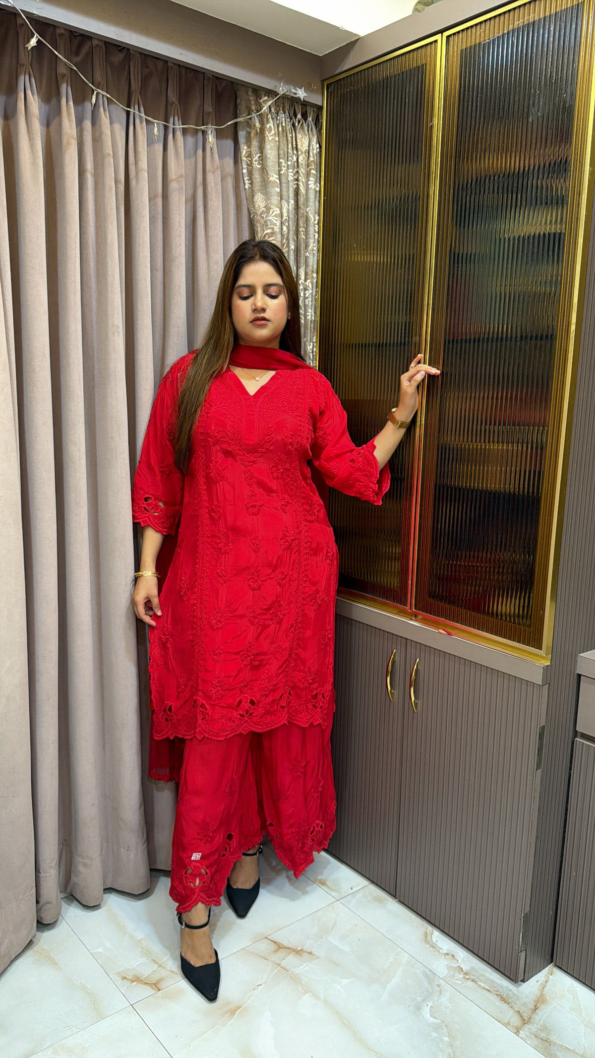 #2016 Red Pure crepe cutwork lucknowi co ord Plazo set