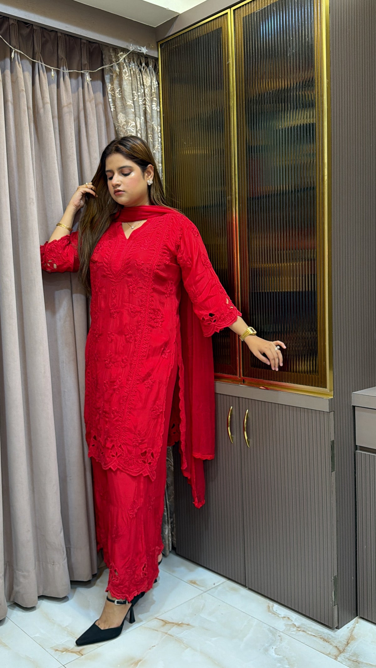 #2016 Red Pure crepe cutwork lucknowi co ord Plazo set