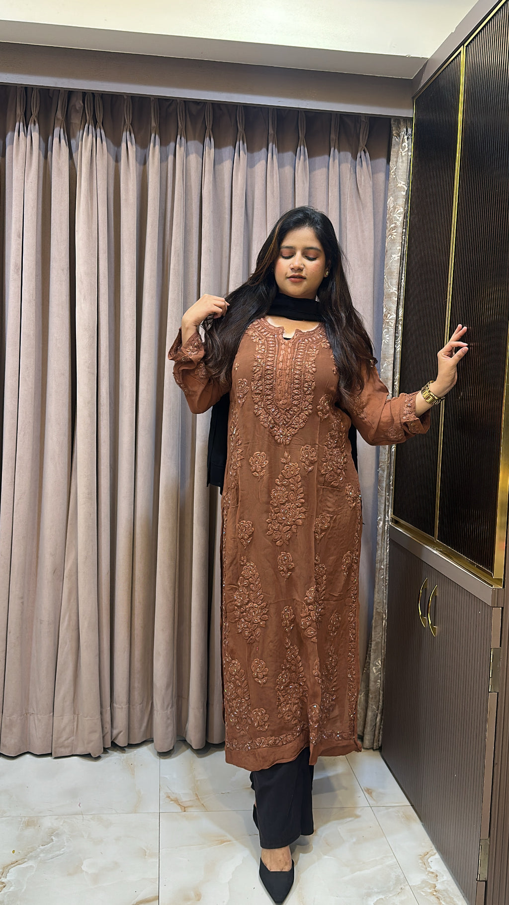 Brown Viscouse salli work kurti