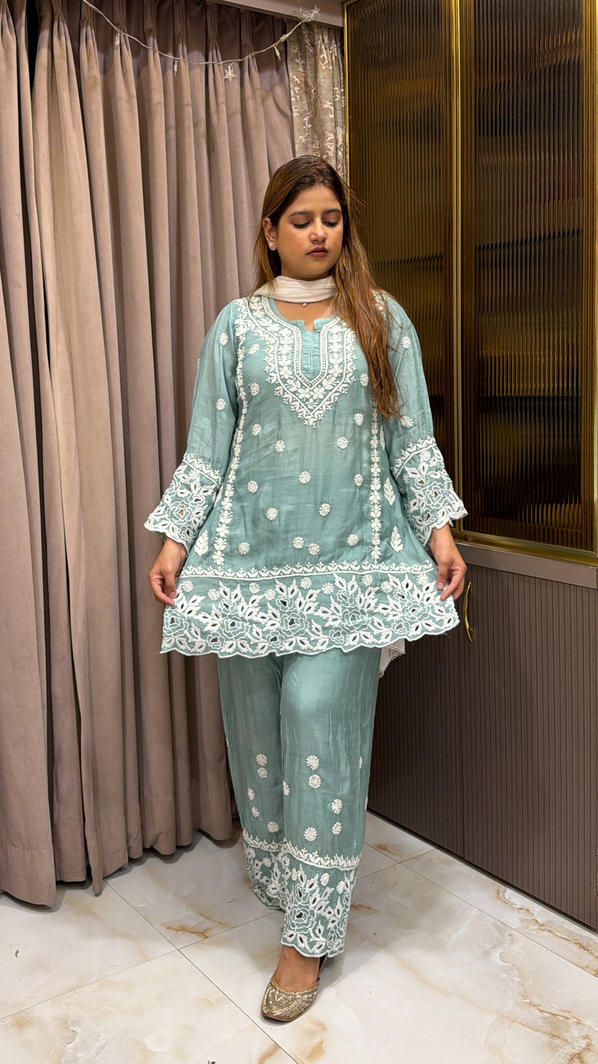 #2022 Seagreen Muslin Lucknowi Cutwork Co-Ord Set