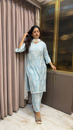Iceblue Pure muslin Cutdana Cutwork set