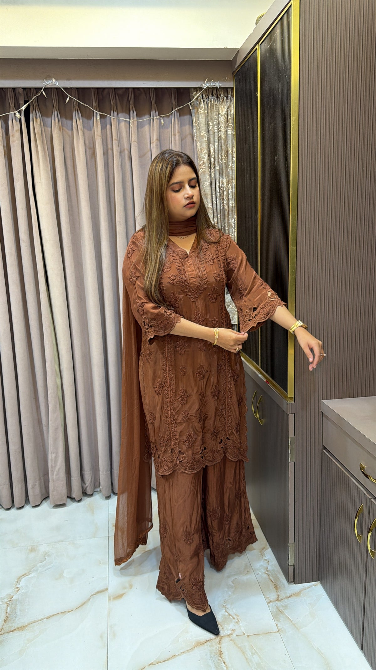#2016 Brown Pure Crepe Cutwork Lucknowi Co Ord Plazo Set
