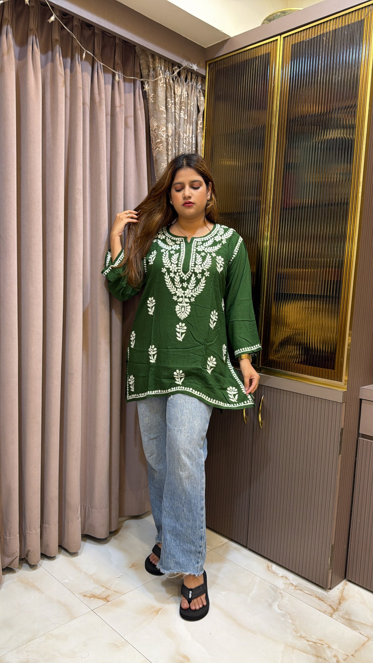 #2014 Olive Green Pure Rayon Lucknowi Short Top