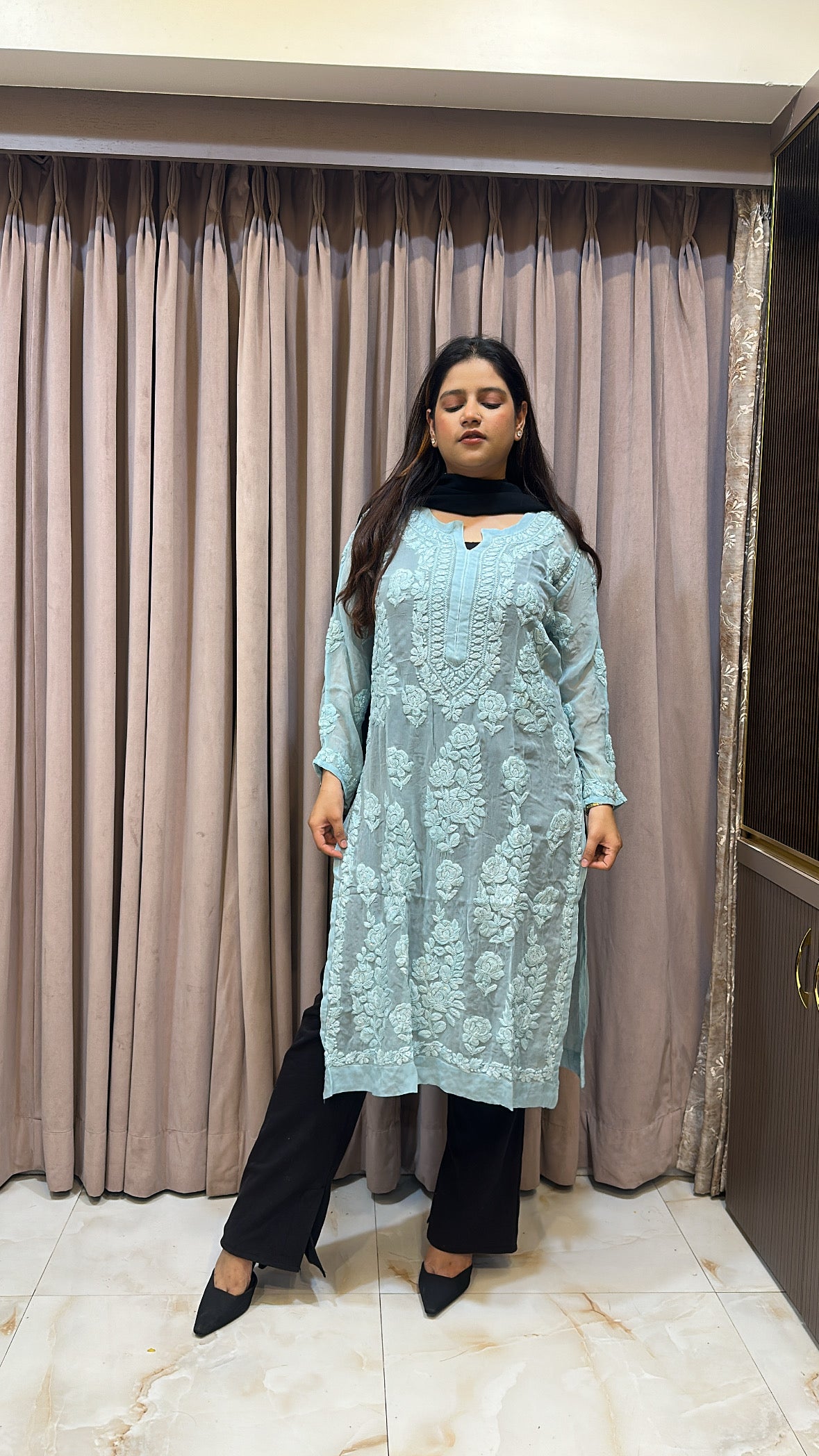 Mint Blue Viscouse salli work kurti