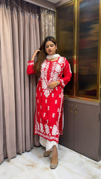 #2009 Red Pure Rayon Lucknowi Kurti | Authentic Handwork Chikankari