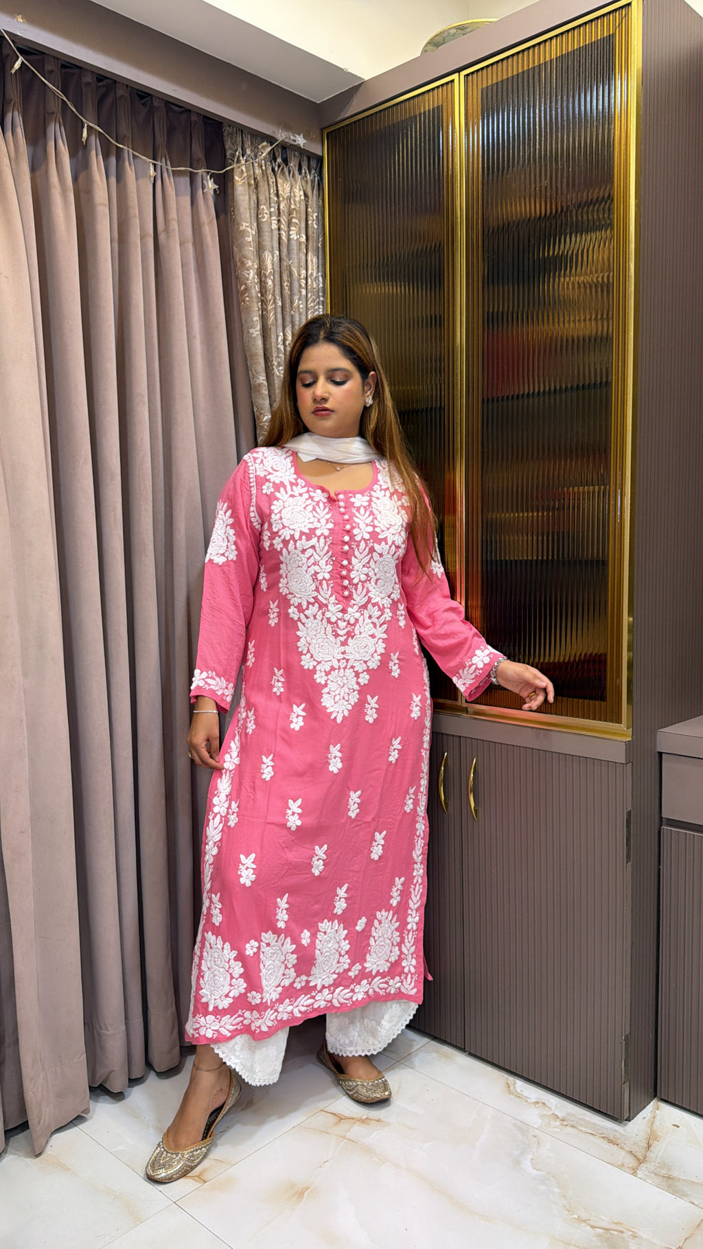 #2009 Pink Pure Rayon Lucknowi Kurti | Hand Embroidered Elegance