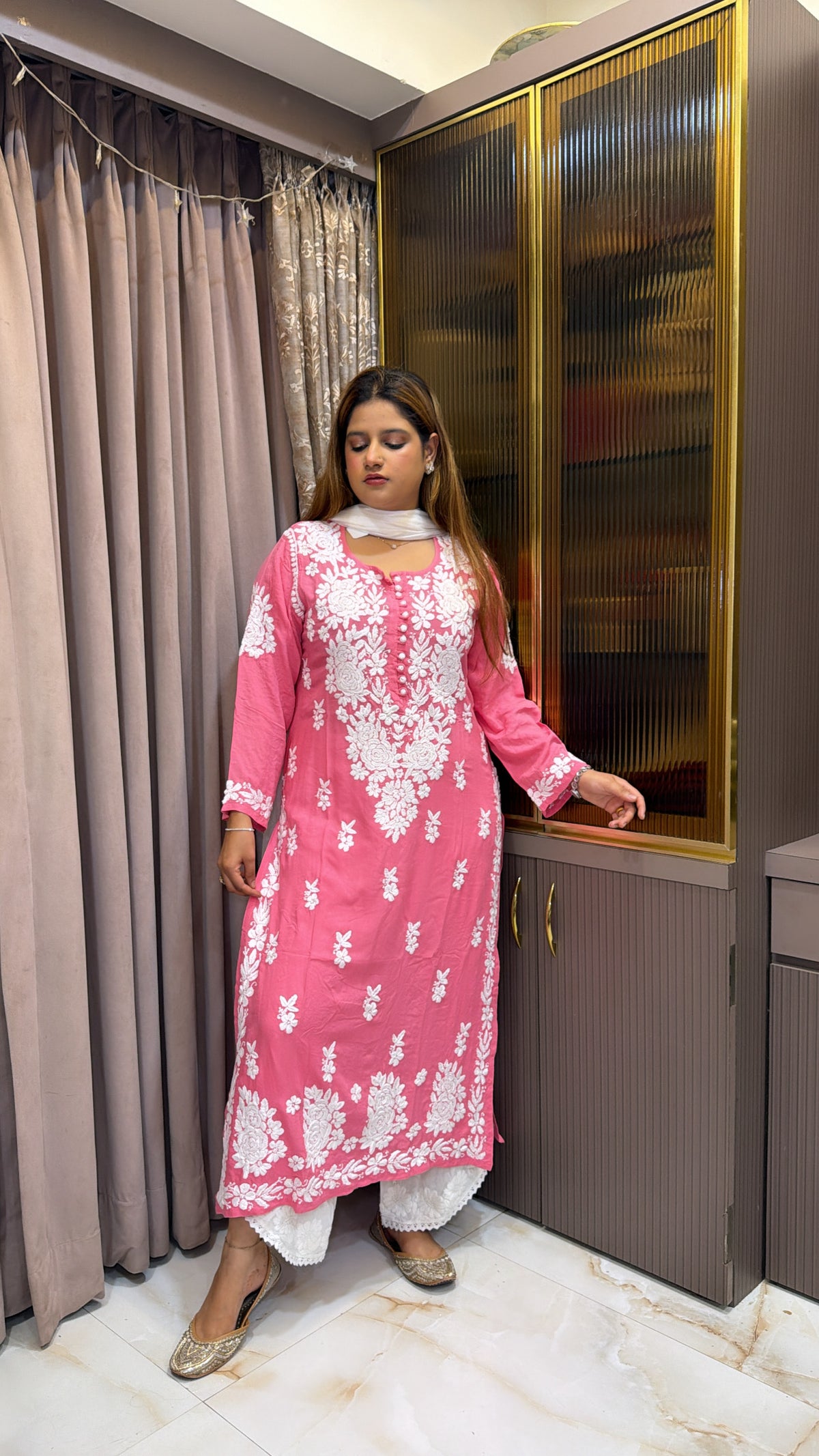 #2009 Pink Pure Rayon Lucknowi Kurti | Hand Embroidered Elegance